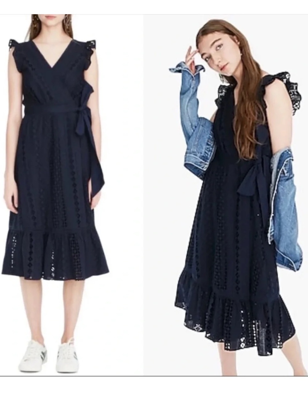 J. Crew Navy Eyelet Wrap Midi Dress with Ruffle Sleeves 100% Cotton 00